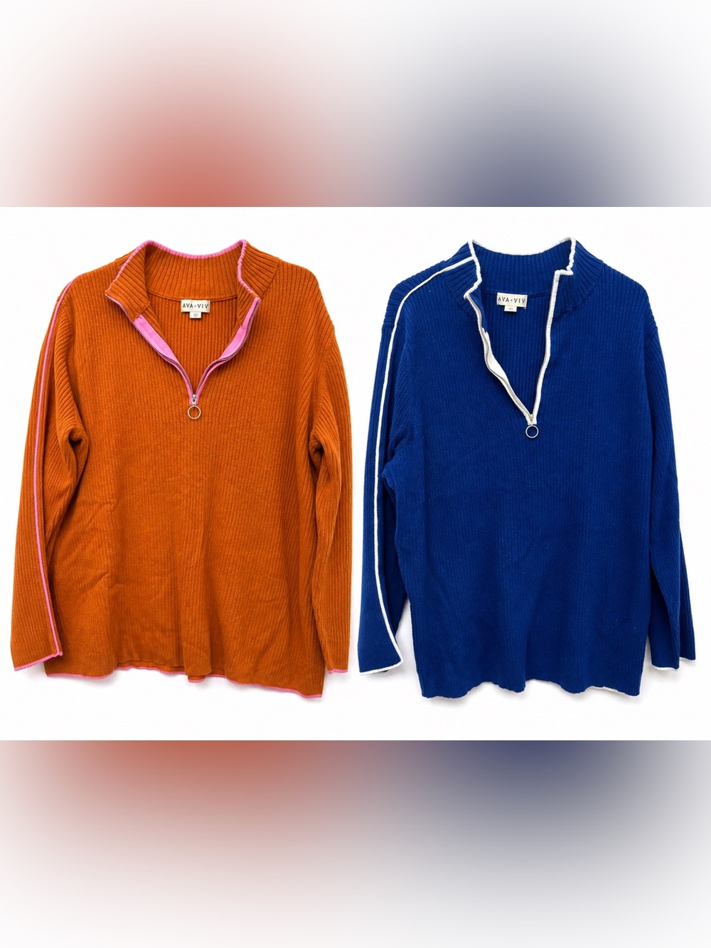Ava Viv 4X Plus Size Ribbed Quarter Zip Sweater Bundle – Brown & Blue